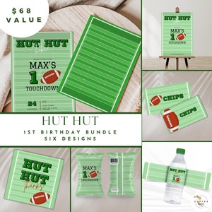 first down birthday bundle, boy decor, football 1st bday party, editable canva template, sports printables, favors, born two ball, rookie
