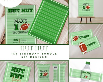 first down birthday bundle, boy decor, football 1st bday party, editable canva template, sports printables, favors, born two ball, rookie