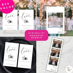 May include: A set of minimalist wedding photo booth props, including two signs that say "Capture the Love" with a camera icon, a photo frame with a white background, and a photo strip template with the names "Lucy & Brock".