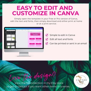 K&ouml;nnte beinhalten: Ein Computerbildschirm zeigt eine Canva-Vorlage mit dem Text "CANVA TEMPLATE PROCESS" und einer Checkliste mit Funktionen: "Einfach in Canva zu bearbeiten", "Alle Texte und Schriftarten bearbeiten" und "Kann gedruckt oder per E-Mail versendet werden". Der Bildschirm ist von einem gr&uuml;nen, belaubten Hintergrund umgeben.
