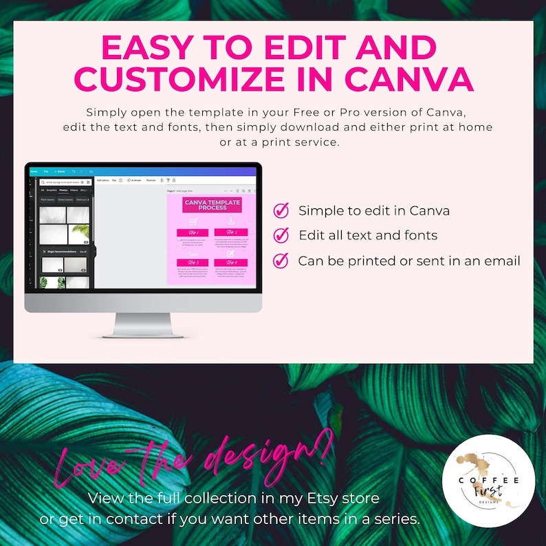 K&ouml;nnte beinhalten: Ein Computerbildschirm zeigt eine Canva-Vorlage mit dem Text "CANVA TEMPLATE PROCESS" und einer Checkliste mit Funktionen: "Einfach in Canva zu bearbeiten", "Alle Texte und Schriftarten bearbeiten" und "Kann gedruckt oder per E-Mail versendet werden". Der Bildschirm ist von einem gr&uuml;nen, belaubten Hintergrund umgeben.
