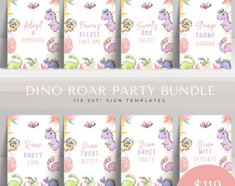 girl dino birthday party sign bundle, Dinosaur bday, editable canva template, printable, t-rex, girl favor, decor, Stomp Chomp and Roar
