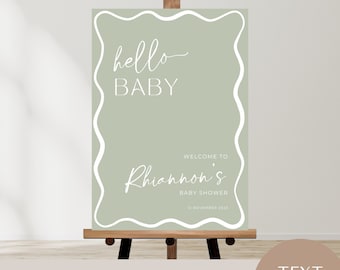 signo de bienvenida de baby shower con marco de onda, SAGE, imprimible, cartel de bienvenida, género neutro, descarga instantánea, plantilla canva editable, moderno,
