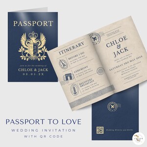 Reisepass Einladungsvorlage Canva, mit QR-Code, Zielhochzeit, Reise ins Ausland, sofortiger Download, bearbeitbar, druckbar, Brautparty