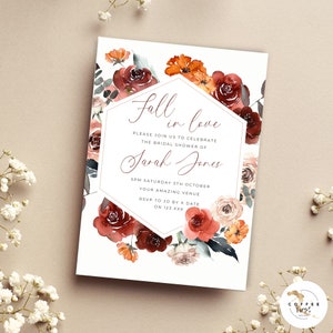 Fall In Love Bridal Shower Invitation Template, Fall Bridal Shower Invitation Bundle, Autumn Printable, canva, wedding, seasonal theme