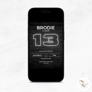 13th birthday party invitation boy, modern bday invite, phone, Text Evite, editable canva Template, any age, Neon Lights, instant download