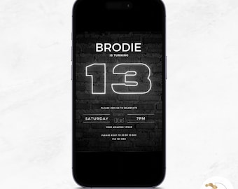13th birthday party invitation boy, modern bday invite, phone, Text Evite, editable canva Template, any age, Neon Lights, instant download