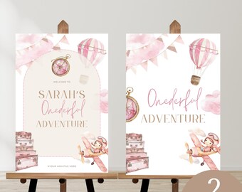 onederful first birthday welcome sign, Adventure Awaits, 1St, World Travel, instant download, editable canva template, digital, printable,