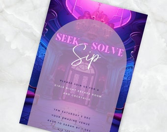 Invitación de cumpleaños de escape room para niñas imprimible, Misterio, Invitación a fiesta personalizable, descarga instantánea, plantilla canva, adultos, Neón
