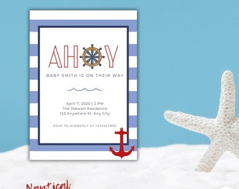 Può includere: Un invito a un baby shower a tema nautico con strisce blu e bianche, un'ancora rossa e un timone di nave. Il testo recita "Ahoy! Baby Smith is on their way. April 7, 2020 | 2 PM The Stewart Residence 123 Anywhere St. Any City RSVP to Kimberly at 1234567890 Nautical Baby Shower Invitation"