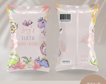 May include: A pink and green chip bag template with a dinosaur theme. The front of the bag features a cartoon dinosaur with a crown and the text "Lucy's Sixth Dino-Roar". The back of the bag has a barcode and the text "Ingredients: Potato, Salt, Oil".