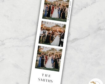 Puede incluir: Una plantilla de cabina de fotos minimalista con tres tiras de fotos que muestran una fiesta de bodas. La plantilla tiene un fondo blanco con texto negro que dice "The Smiths" y "16 de noviembre de 202X".