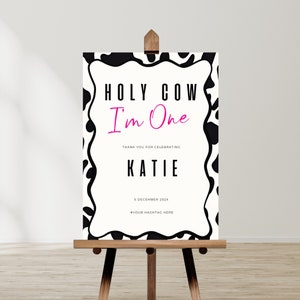 holy cow im one sign, welcome, highland, modern wave frame, editable canva template, digital, printable, instant download, Party Signage