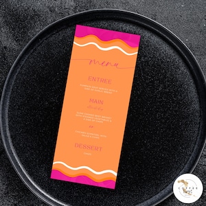 Wave Rahmen Menü Vorlage, Junggesellinnenabschied, Brautparty, Geburtstag, Verlobung, Baby, editierbar, LILA orange, gewellter Rand, kurvig, Instant, canva