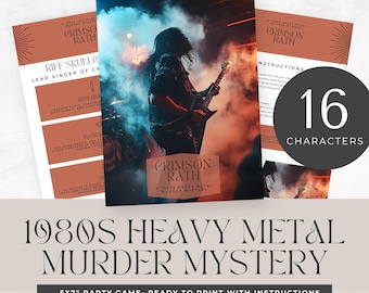 80s murder mystery party, 1980s, printable games, role play, detective, escape room, instant download, digital, Unsolved Cold Case, rock mus