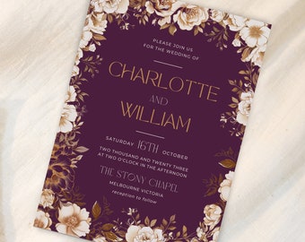 floral art deco wedding invitations, GOLDEN floral, Gatsby Wedding Invitations, Vintage invite, Victorian evite, Edwardian, canva template