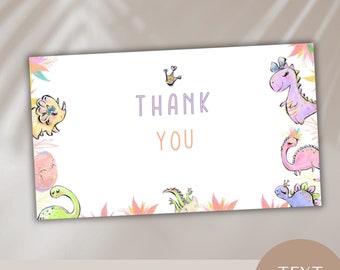 May include: A white thank you card template with watercolor illustrations of dinosaurs and floral accents. The card features the text "THANK YOU" in purple and orange. The bottom of the card reads "DINO - CROWN 3.5x5" THANK YOU CARD TEMPLATE".