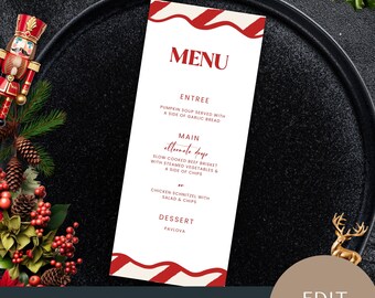 May include: A printable Christmas menu template with a red and white candy cane stripe design. The menu includes sections for entree, main, and dessert. The text reads "Christmas Menu 3.75x9" and "Edit and Print".