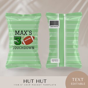 football chip packet, boy decor, 3rd birthday party, bday, editable canva template, sports printables, favor, potato wrappers, food bag