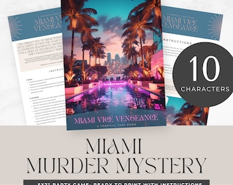 May include: A printable Miami Vice Vengeance murder mystery party game with 10 characters. The game features a tropical theme with a pool and palm trees. The game is ready to print and includes instructions.