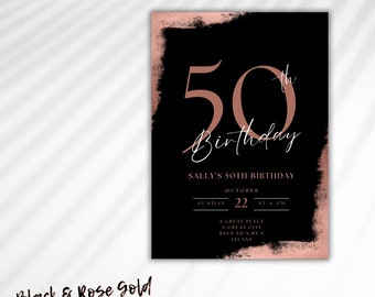 50Th Rose Gold Birthday Invitation, Editable Template, Print Or Text Invite, Electronic 50Th Birthday Party Invite, milestone, canva