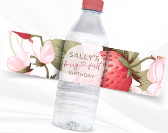 berry first birthday water bottle label, Strawberry 1st bday, pink party, instant download, editable canva template, printable, girl favor