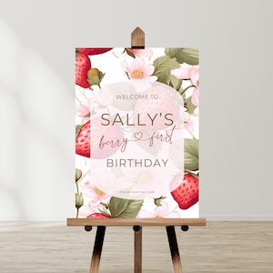 Beere ersten Geburtstag Willkommensschild, Erdbeere, Beere 1St, Sofortdownload, bearbeitbare Canva Vorlage, bedruckbar, personalisierbar, Partydekoration