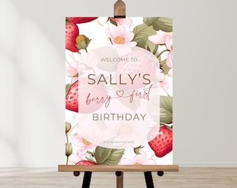 berry first birthday welcome sign, Strawberry, Berry 1St, Instant Download, editable canva template, printable, custom, Party Decorations