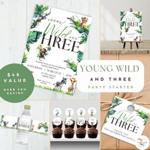 young wild and three birthday bundle, instant download, canva editable template, kids birthday themes, 3rd bday, boy party, wild & 3, third