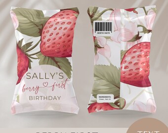 May include: A printable template for a chip bag featuring a strawberry pattern and the text "Sally's berry first birthday". The template is 11 inches by 8.5 inches and is editable.