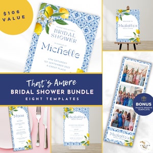 That'S Amore Wedding Signs, Italian Blue Tiles Bridal Shower, Citrus, Mediterranean, Positano, wedding, birthday, canva template, instant