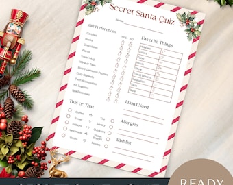 SECRET SANTA QUIZ, Weihnachten druckbar, Fragebogen, bearbeitbare Vorlage, Kris Kringle, Weihnachten Urlaub, Instant Download Pdf, Alles über mich,