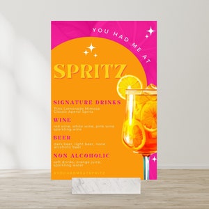 Brautparty-Menü, Aperol Spritz, Love At First Spritz Willkommensschild,| Hochzeit, Spritz Bar Schild, Hochzeit, Cocktail-Party, Menükarte