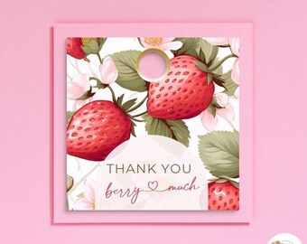 étiquettes de remerciement pour le premier anniversaire de baies, fraise 1er anniversaire, fête rose, téléchargement instantané, modèle canva modifiable, imprimable, faveurs des filles