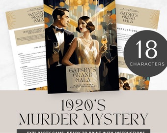 May include: A printable 1920s murder mystery party game with 18 characters. The game features a vintage illustration of a couple in formal attire at a party. The text on the game says "Gatsby's Grand Gala: A 1920s Murder Mystery Masquerade".