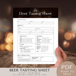May include: Printable beer tasting sheet with a checklist for rating the appearance, aroma, mouthfeel, and flavor of a beer. The sheet includes a section for overall impression and a rating scale. The sheet is 8.5 x 11 inches.