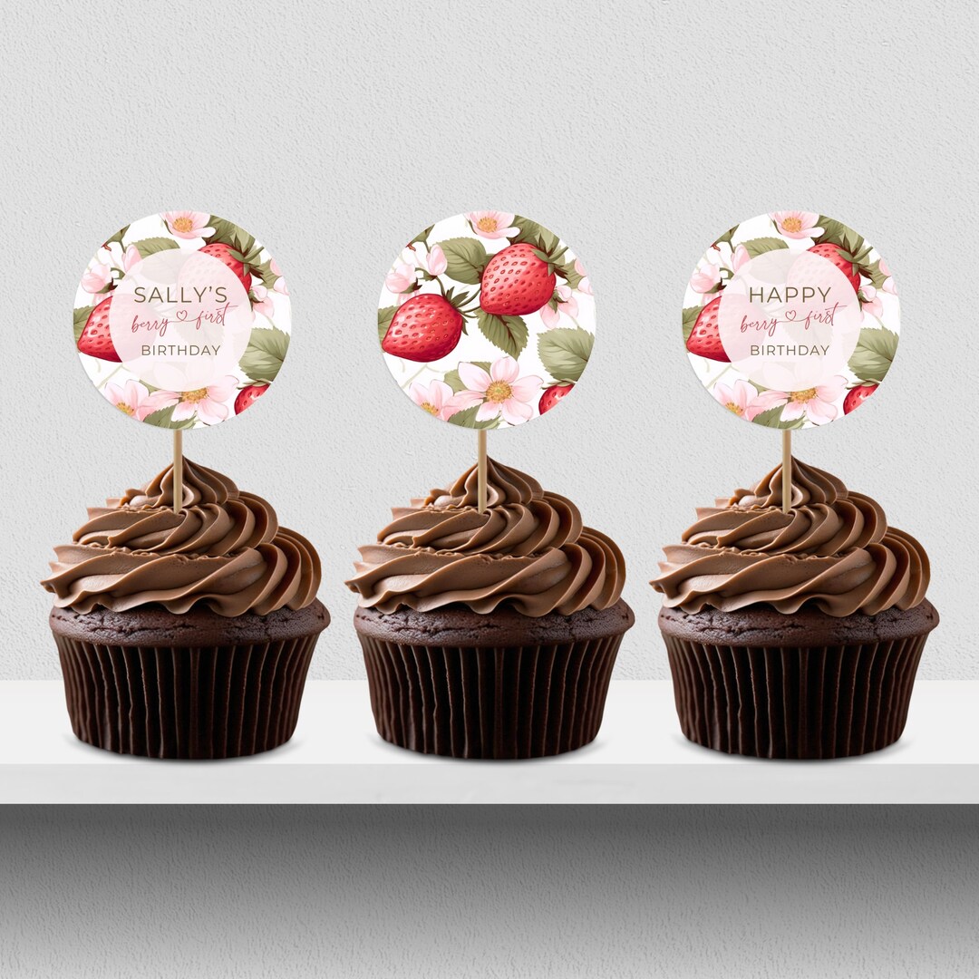 Berry First Birthday CUPCAKE TOPPER, Strawberry 1st Bday, Pink Party ...