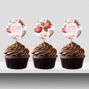 berry first birthday CUPCAKE TOPPER, Strawberry 1st bday, pink party, instant download, editable canva template, printable, girl, favors