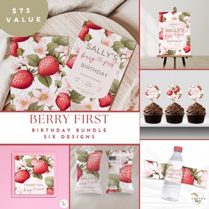 berry first birthday bundle, Strawberry 1st bday, decorations, pink party, instant download, editable canva template, printable, girl favors