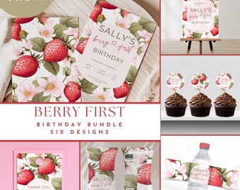 May include: A printable birthday party bundle with six designs featuring a strawberry theme. The designs include a welcome sign, cupcake toppers, a favor bag, a water bottle wrapper, a food bag, and a thank you tag. The designs feature a pink and green color scheme with illustrations of strawberries and flowers.