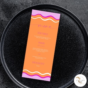Wave Rahmen Menü Vorlage, Junggesellinnenabschied, Brautparty, Geburtstag, Verlobung, Baby, editierbar, LILA orange, gewellter Rand, kurvig, Instant, canva