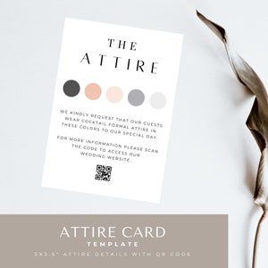 Code vestimentaire dans l'invitation, carte détaillée avec code QR, carte de code vestimentaire pour invitée au mariage, modèle de carte de détails de tenue de mariage minimaliste, toile