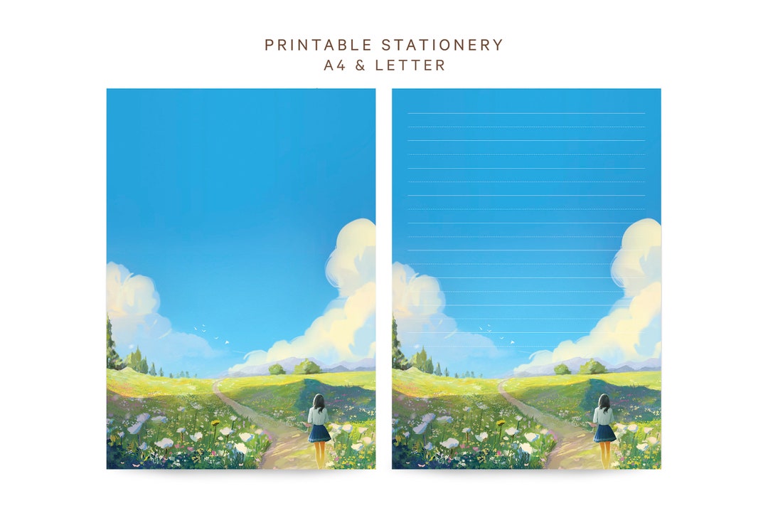 Writing Paper Printable, Elegant Woman Flower 2 Design, Line and