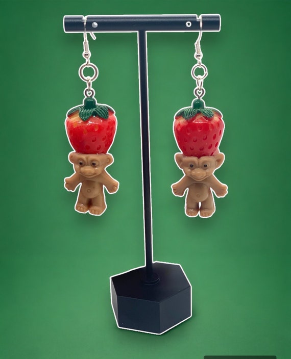 Whimsical Strawberry Troll Doll Earrings: Nostalgic Novelty Jewelry for Fun-Loving Fashion Enthusiasts