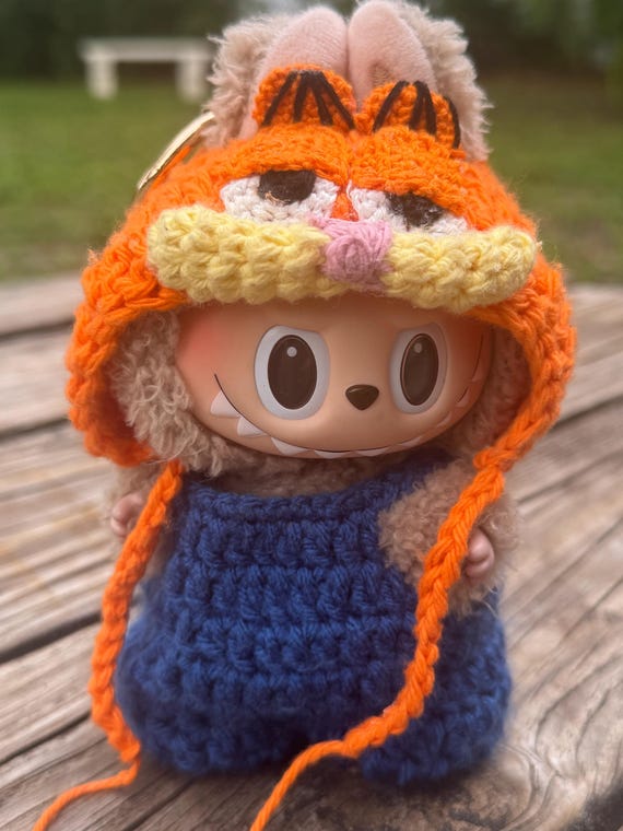 Garfield Crochet labubu outfit - Handmade Orange Cat Hat & Blue Suit Kawaii Collectible Accessory