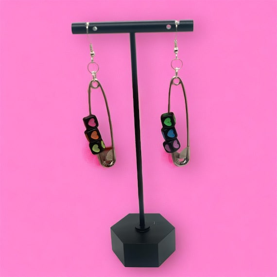 LGBTQ Rainbow Heart Pride Safety Pin Earrings - Colorful Novelty Jewelry Accessory for Allies