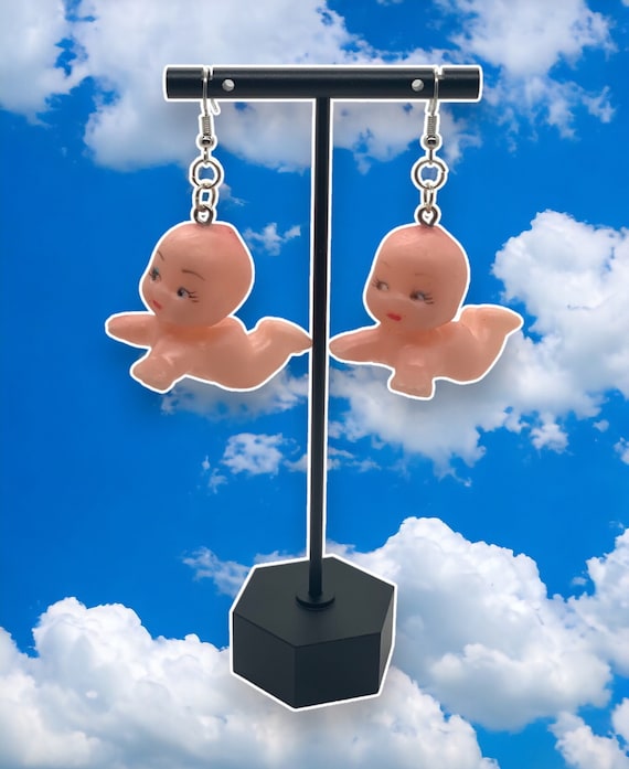 Whimsical Flying Kewpie Doll Earrings - Retro Inspired Novelty Jewelry for Quirky Fashion Lovers