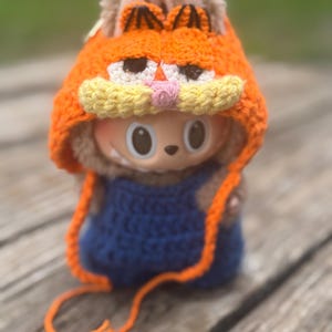 Handmade Garfield Crochet Outfit for Labubu Doll - Orange Cat Hat & Blue Suit Kawaii Collectible Fashion