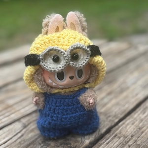 Labubu Doll Crochet Minion Outfit – Handmade Yellow Hoodie & Overalls Costume
