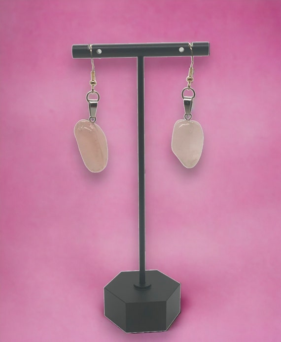 Elegant Tumbled Rose Quartz Dangle Earrings: Handcrafted Crystal Jewelry for Spiritual Healing
